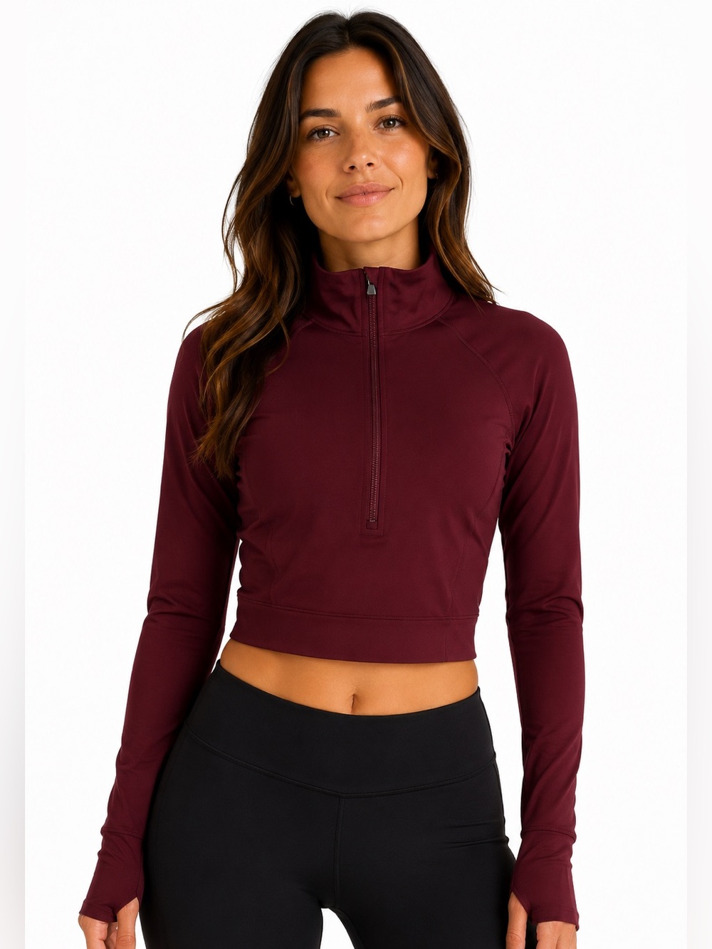 Stori Women's Quarter Zip Long Sleeve Cropped Athletic Top in Burgundy Size 2